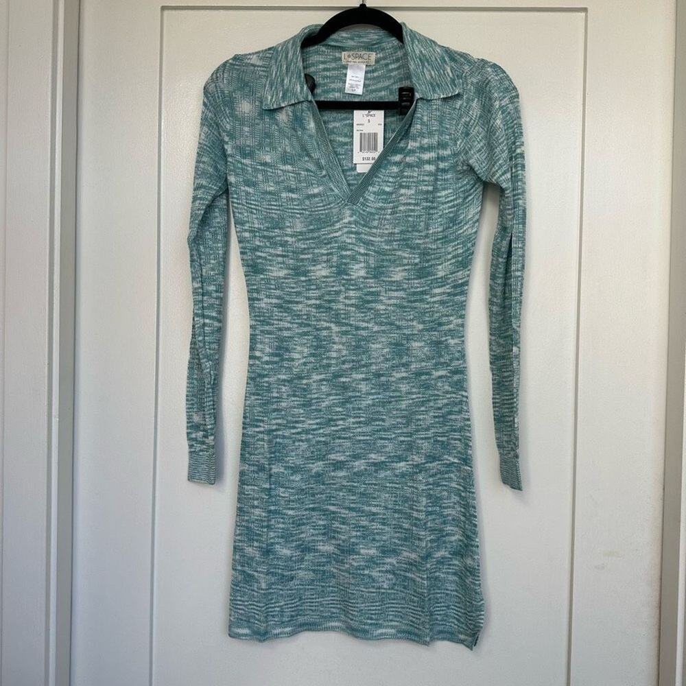 L*Space Aria Blue Ribbed Knit Long Sleeve Mini Dress S NWT - Picture 2 of 7